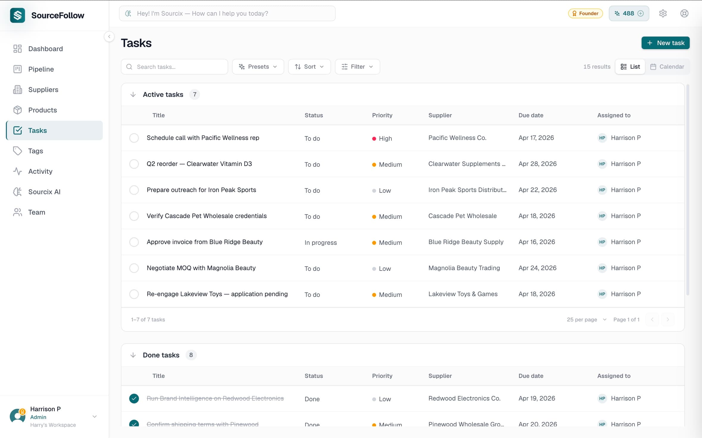 Tasks — follow-ups with due dates