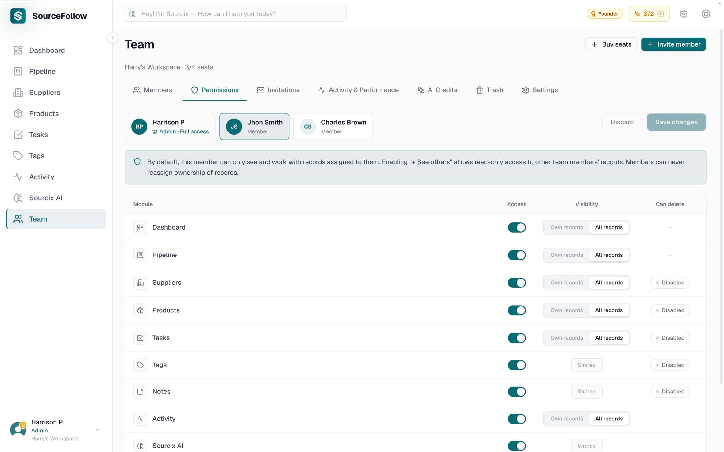 Team permissions — granular access per module